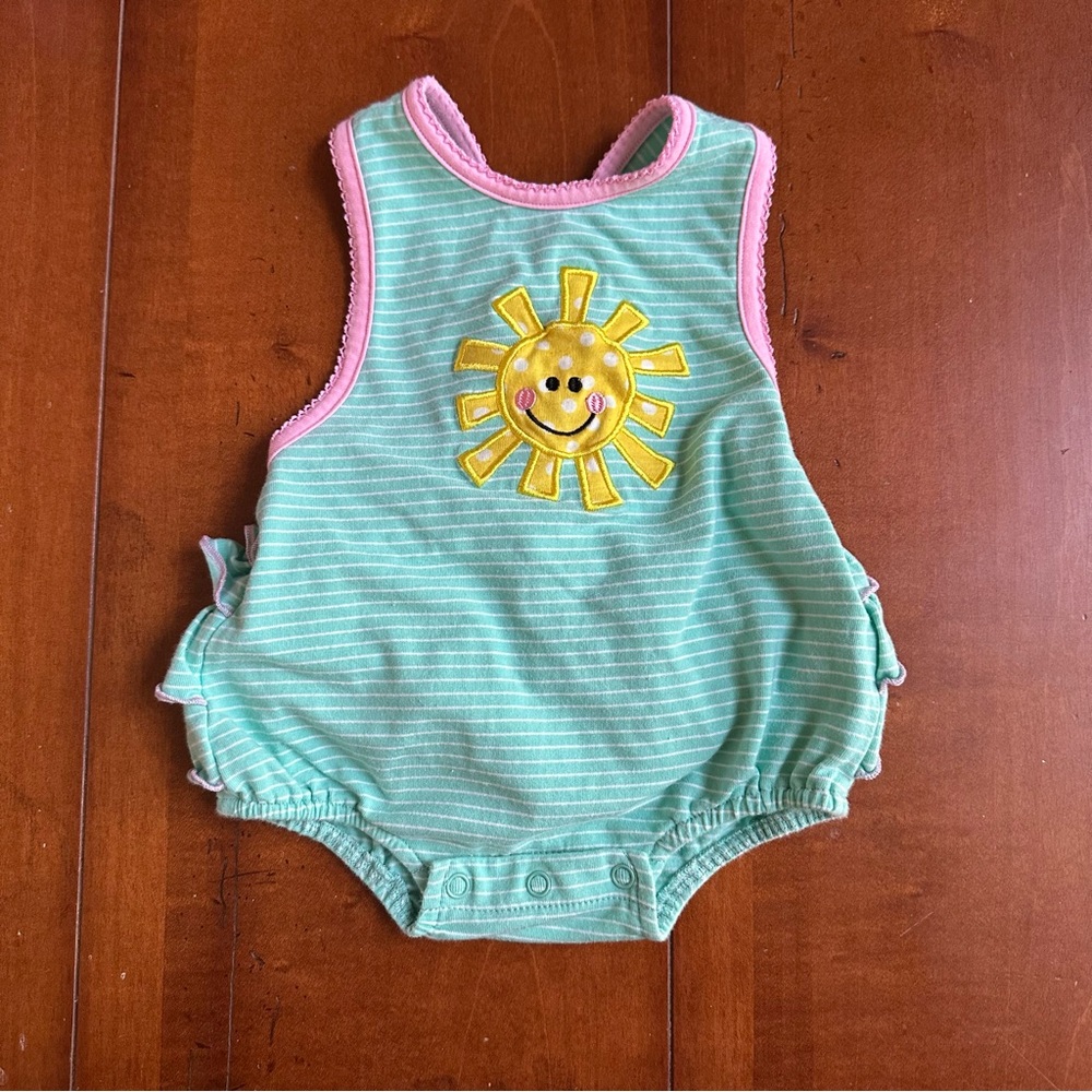 Mint Green Striped Baby One-Piece with Sun Applique - Pink Trim